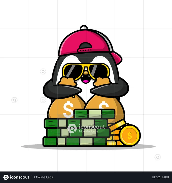 Riche pingouin tenant un sac d'argent  Illustration
