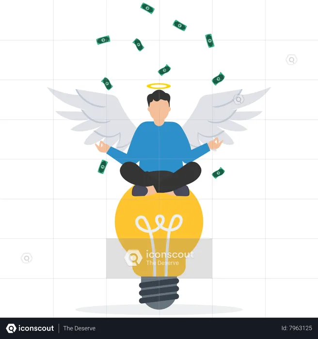 Empresário rico com asa de anjo na ideia de lâmpada com notas de dinheiro  Ilustração