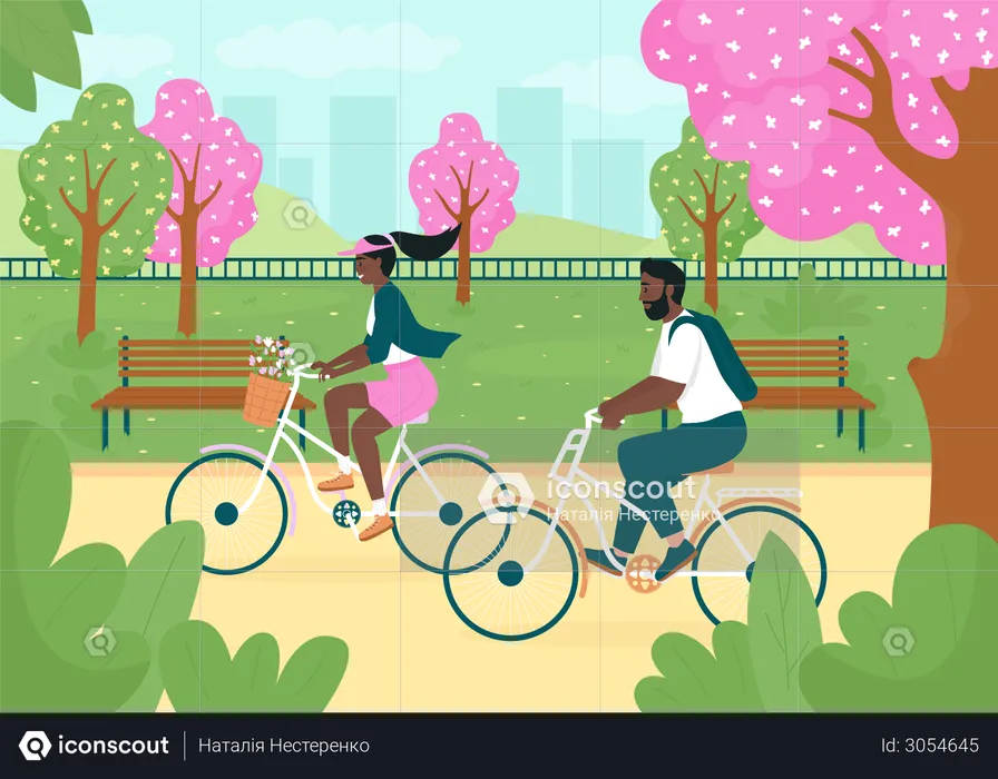 Riding bikes in spring park  Illustration