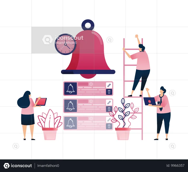 Ringing bell with list of scheduled agenda items for efficient time management  Illustration