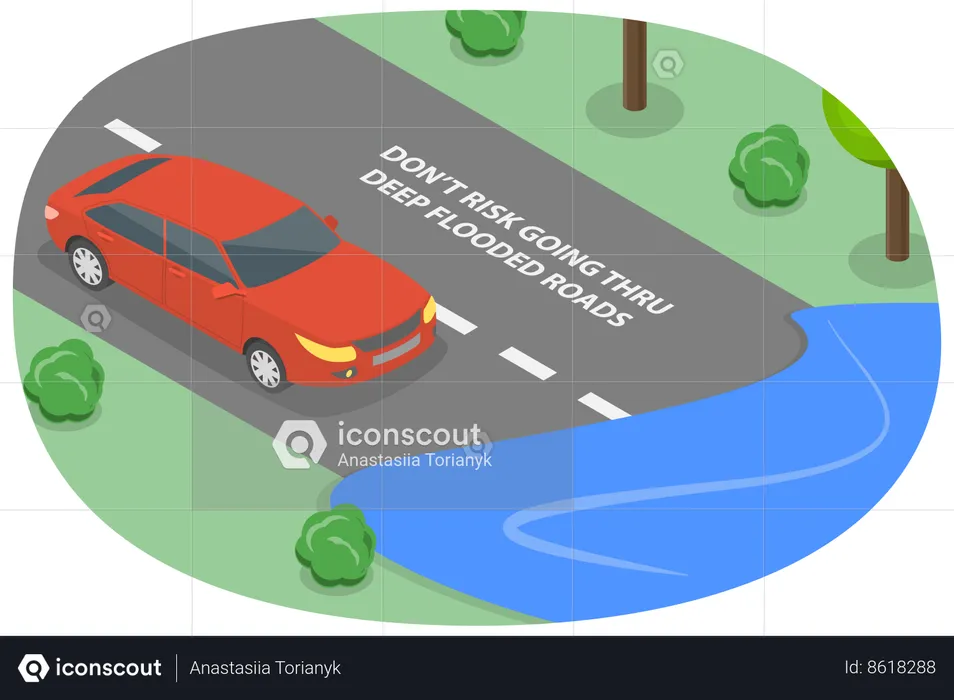 Risky to Go Through Flooded Road  Illustration