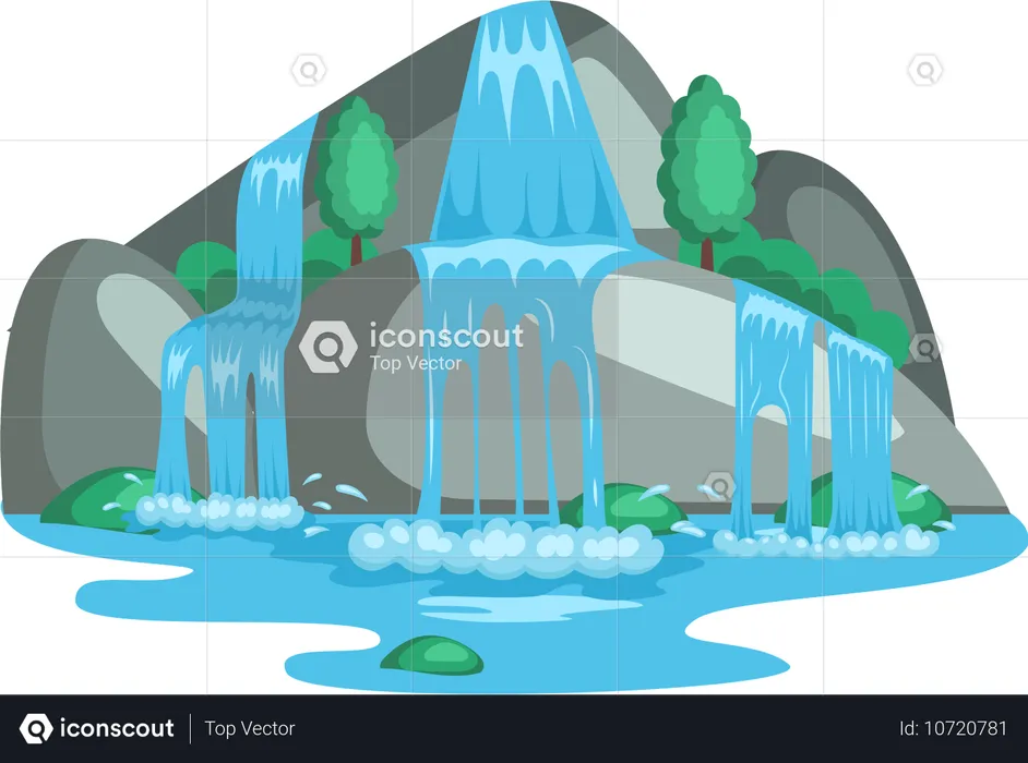 River waterfall falling from cliff  Illustration