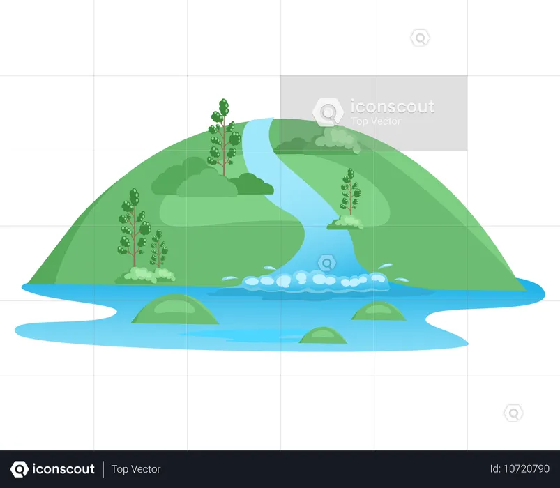 River waterfall falling from cliff  Illustration