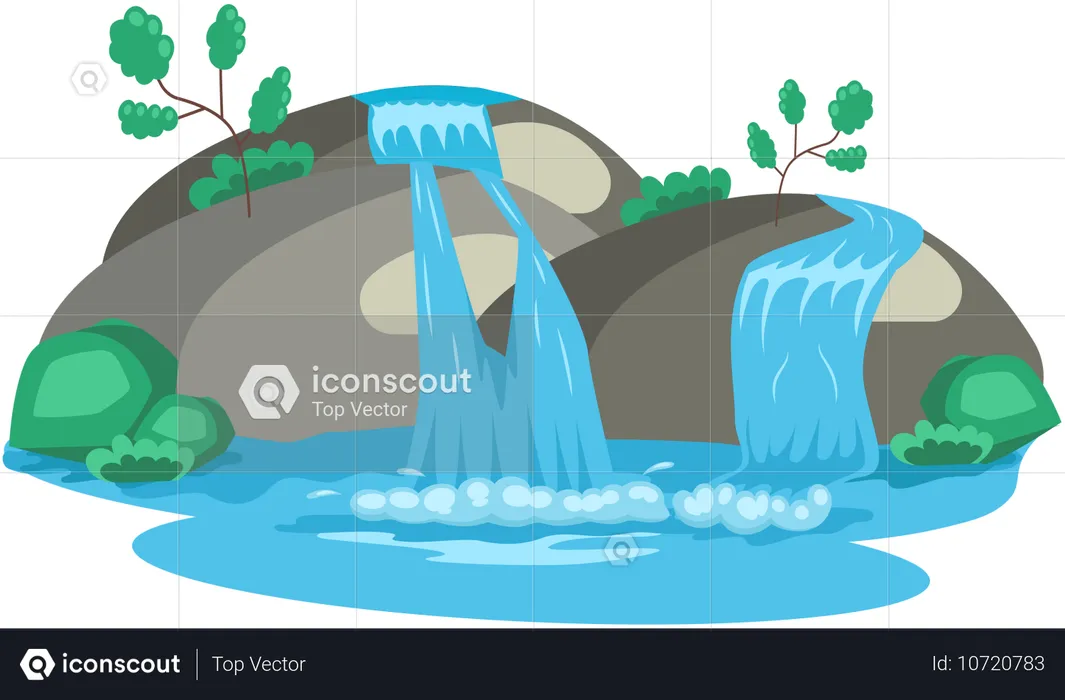 River waterfall falling from cliff  Illustration