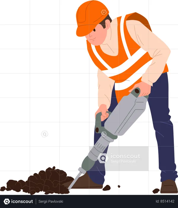 Road worker in uniform using drilling machine  Illustration