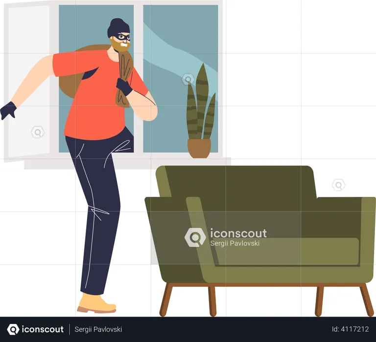 Robber entering in house from window  Illustration