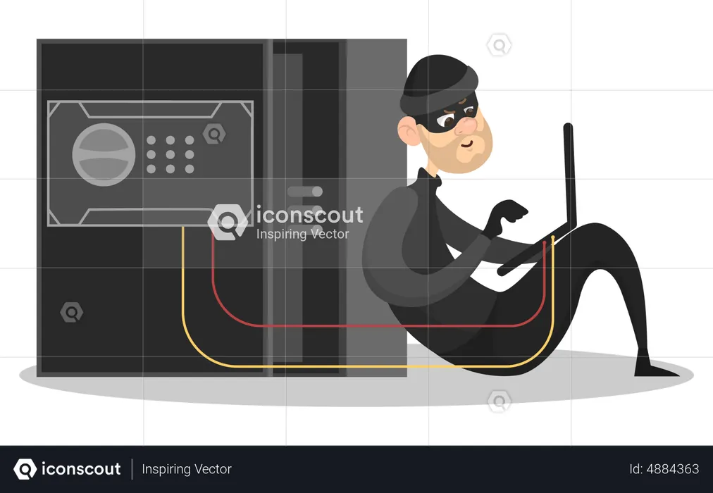 Robber in mask trying to open big safe  Illustration