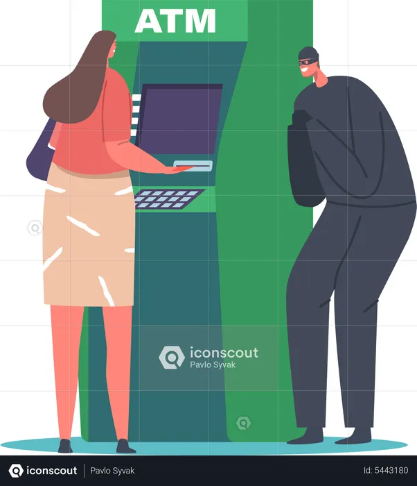 Robber spying on woman using atm machine  Illustration