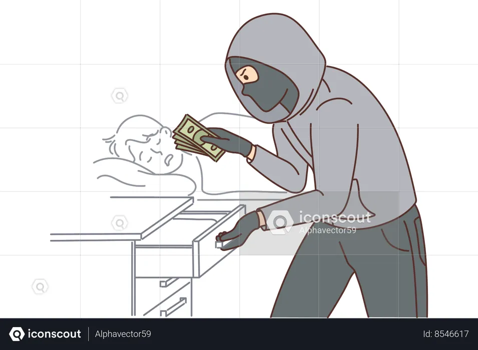 Robber steals money from drawer while victim is sleeping on bed, unaware of perpetrator  Illustration