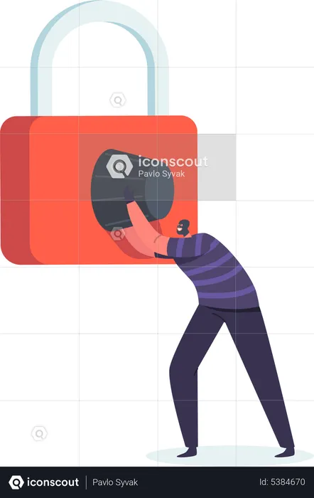 Robber trying to unlock to padlock  Illustration