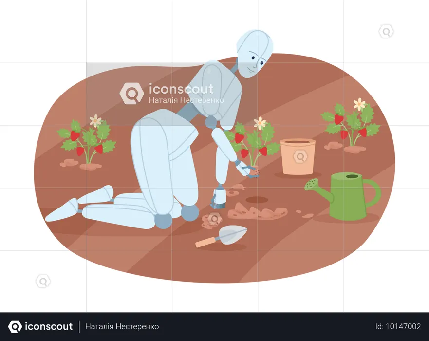 Robô de IA em jardinagem para plantio de plantas  Ilustração