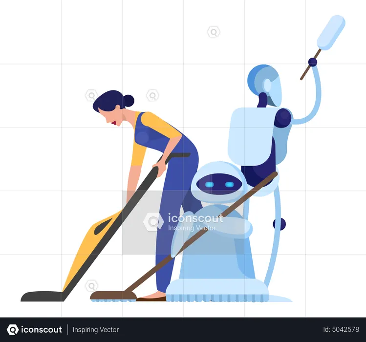 Robô ajuda mulher na limpeza  Ilustração