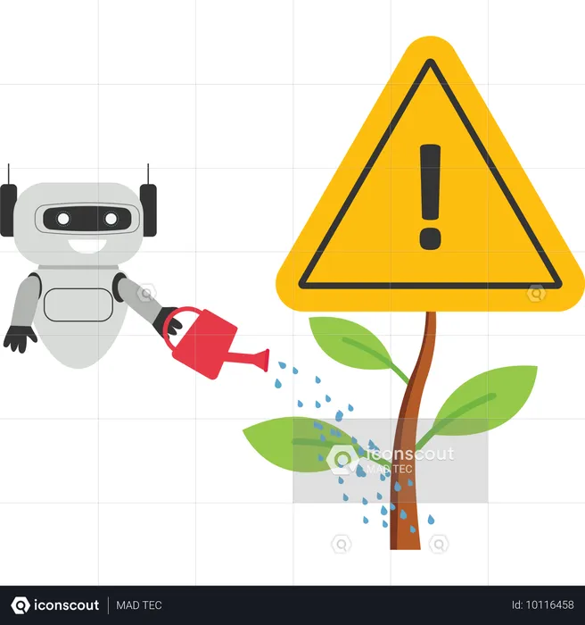 Robô com inteligência artificial termina de regar mudas em crescimento com sinal de exclamação atenção flor.  Ilustração