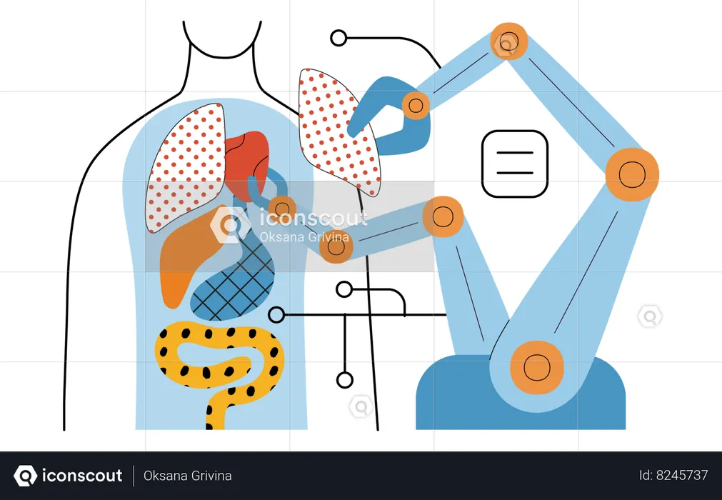 Robô montando órgãos usando blocos  Ilustração