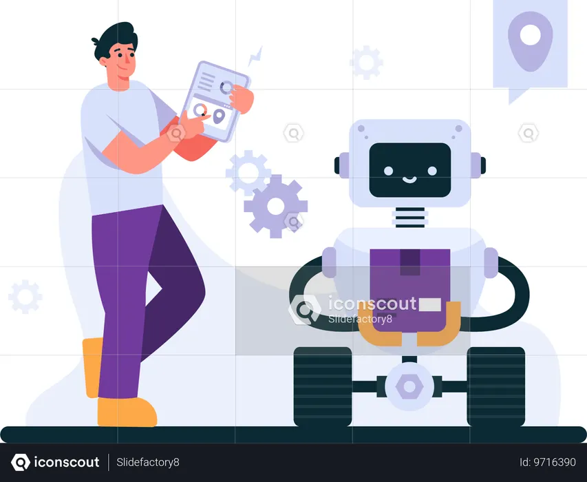 Homem operando robô  Ilustração