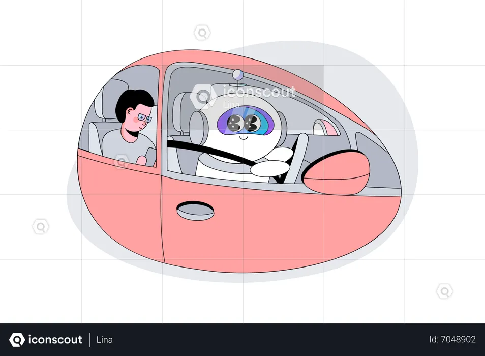 Robot AI Transporting Human in Car  Illustration