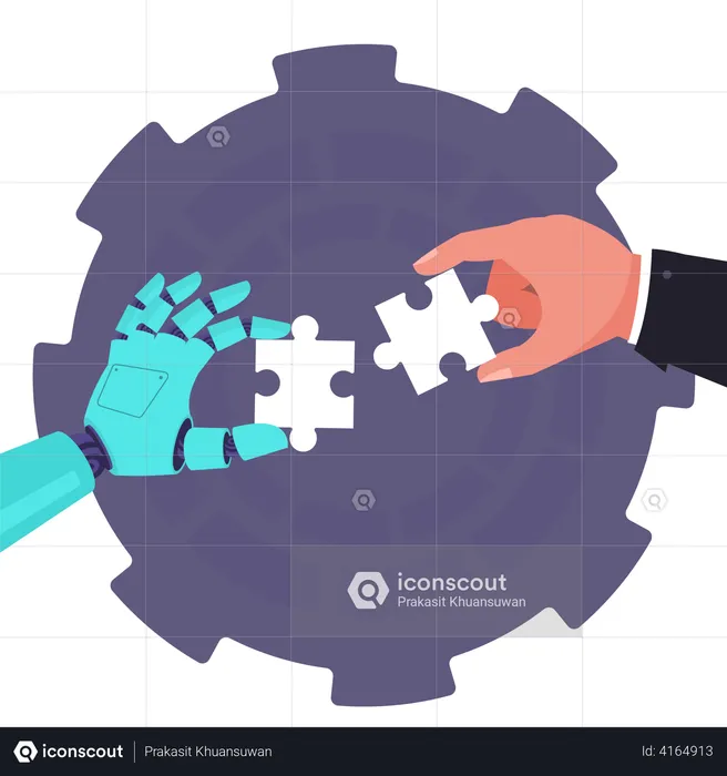 Robot and Businessman Hand holding puzzle  Illustration