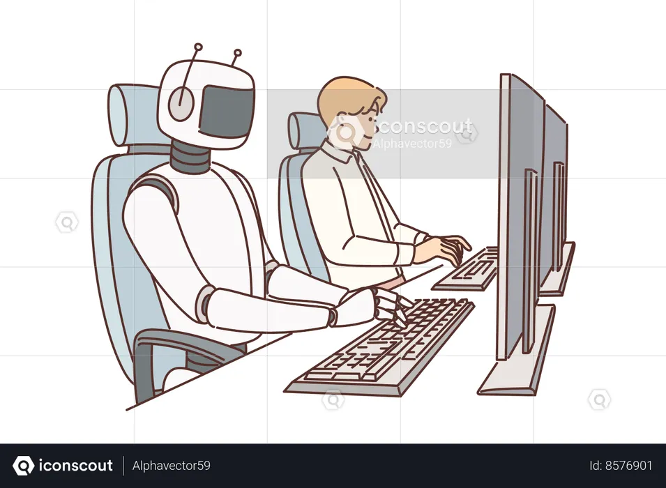 Robot and man working together in office  Illustration