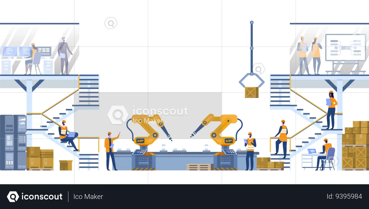 Robot arms machine in intelligent factory industrial on monitoring system software  Illustration