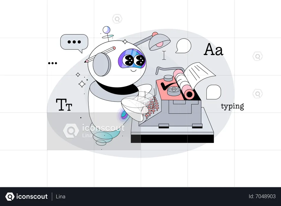 ロボット人工知能ライターがタイプライターでタイプしている  イラスト