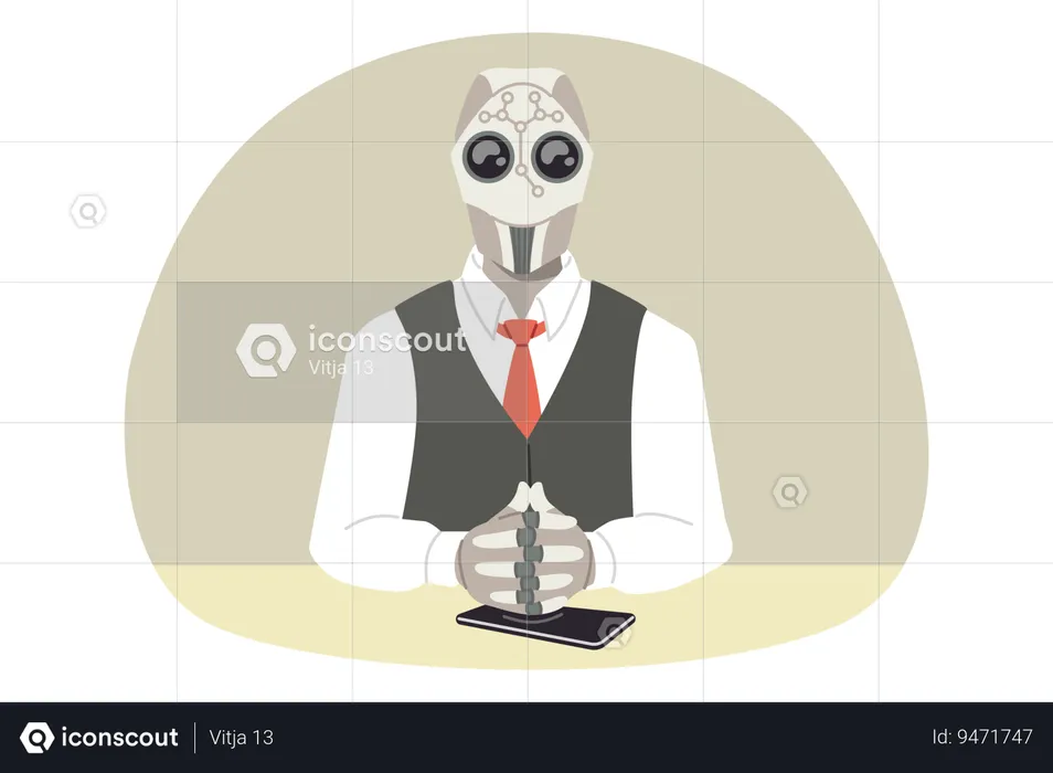 Robot boss of company sits at table with mobile phone and makes management decisions  Illustration