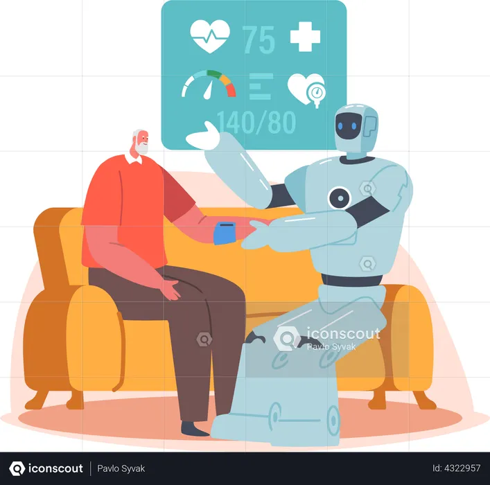 Robot Checking Blood Pressure of aged man  Illustration