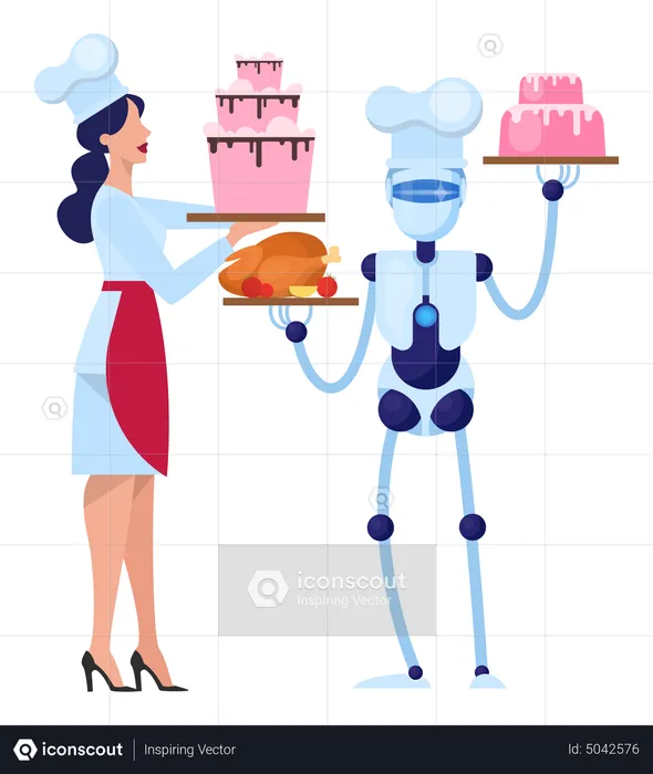 Robot chef cooking tasty cake on the kitchen with woman  Illustration
