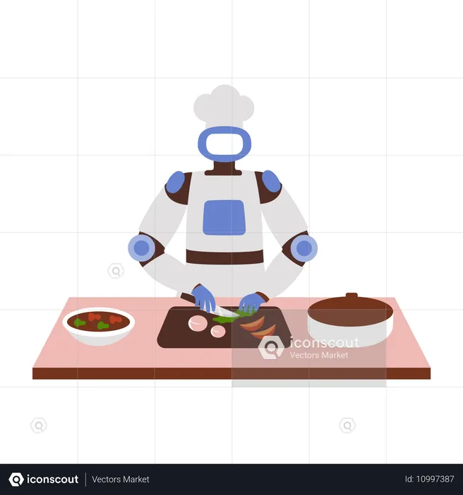 Un robot cuisinier coupe des légumes au restaurant  Illustration