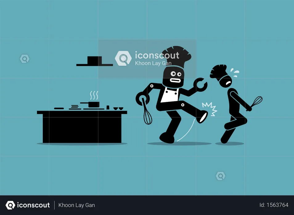 Robot chef kicks away a human chef from doing his job at kitchen  Illustration