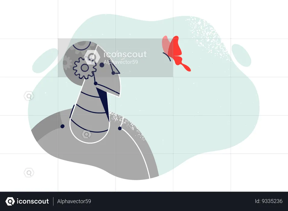 Robot con inteligencia artificial examina mariposa voladora  Ilustración