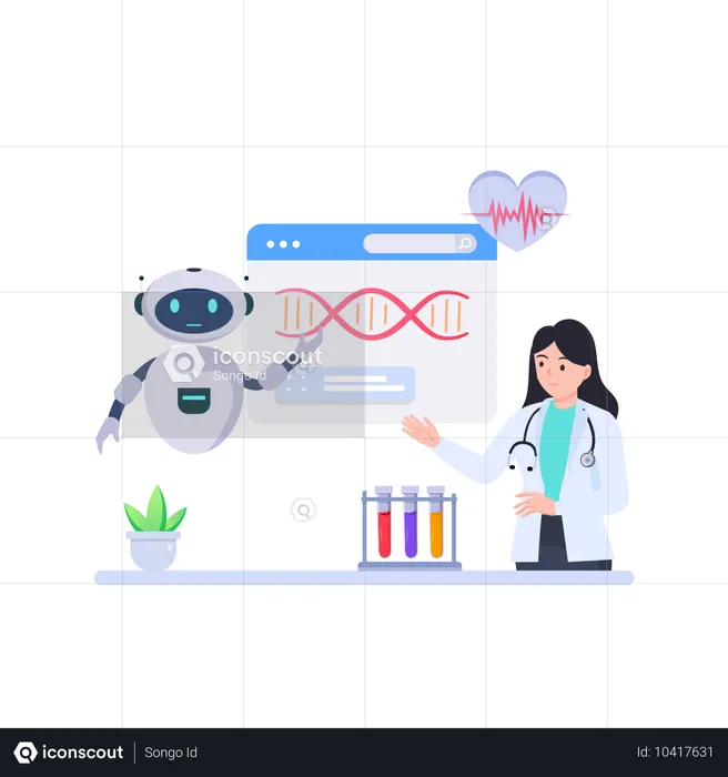 Robot conducting lab research work  Illustration