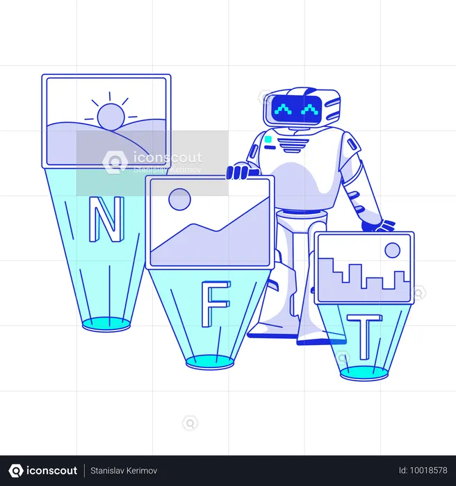 Robot de inteligencia artificial selecciona imagen NFT  Ilustración