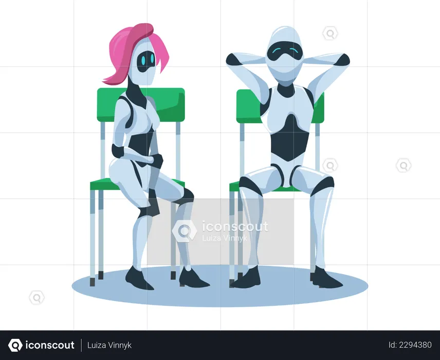 Robot masculin et féminin détendu assis sur une chaise  Illustration