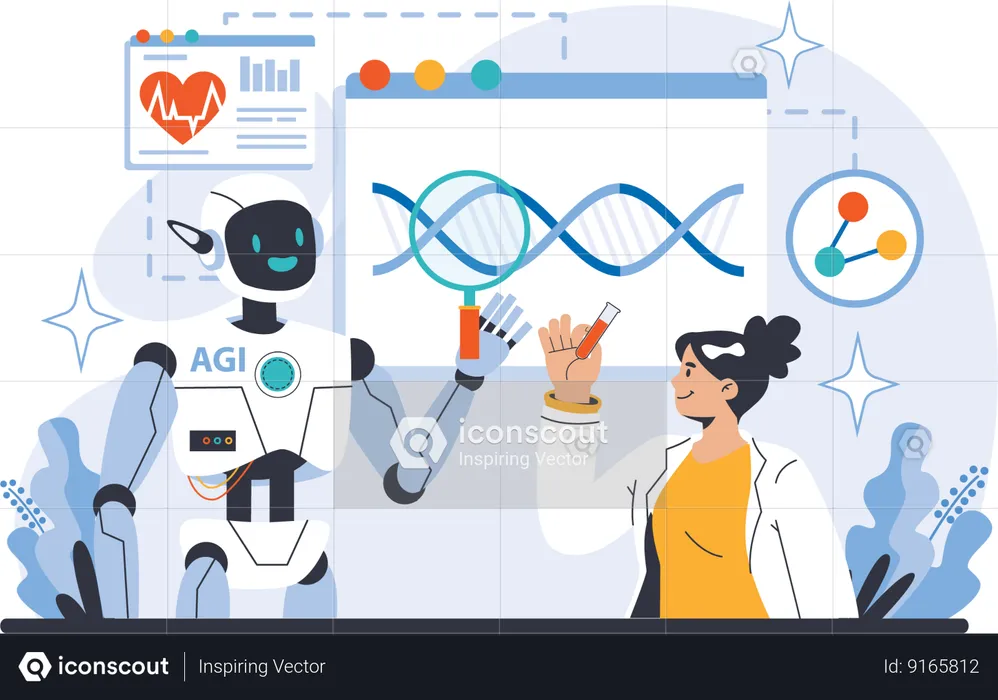 Robot doing dna research with girl  Illustration