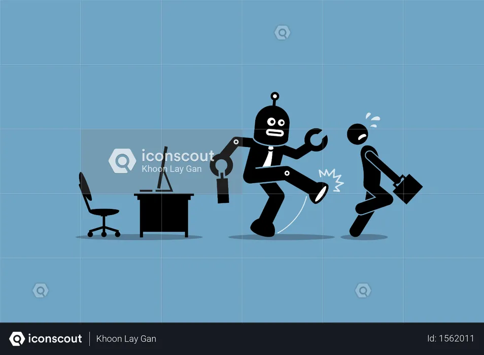 Robot employee kicks away a human worker from doing his computer job at office  Illustration