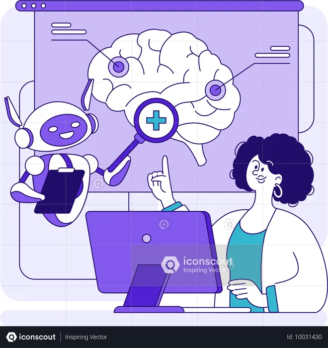 Robot explaining brain report to doctor  Illustration