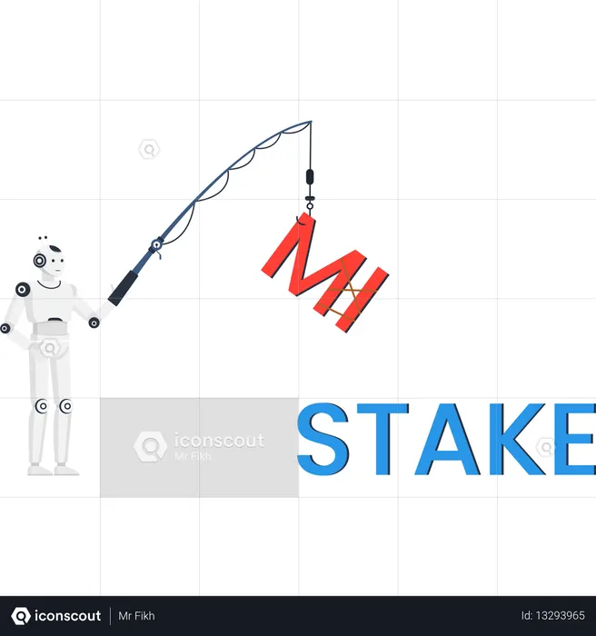 Robot fishing the letters MI from the word mistake an artificial intelligence  for error correction and problem solving  Illustration