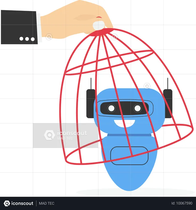 Main géante capturant un robot en train de courir avec une cage à oiseaux  Illustration