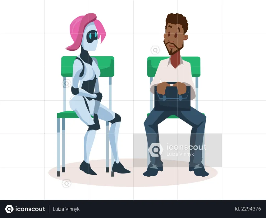 Robot Girl on Chair Talking to Man Employee  Illustration