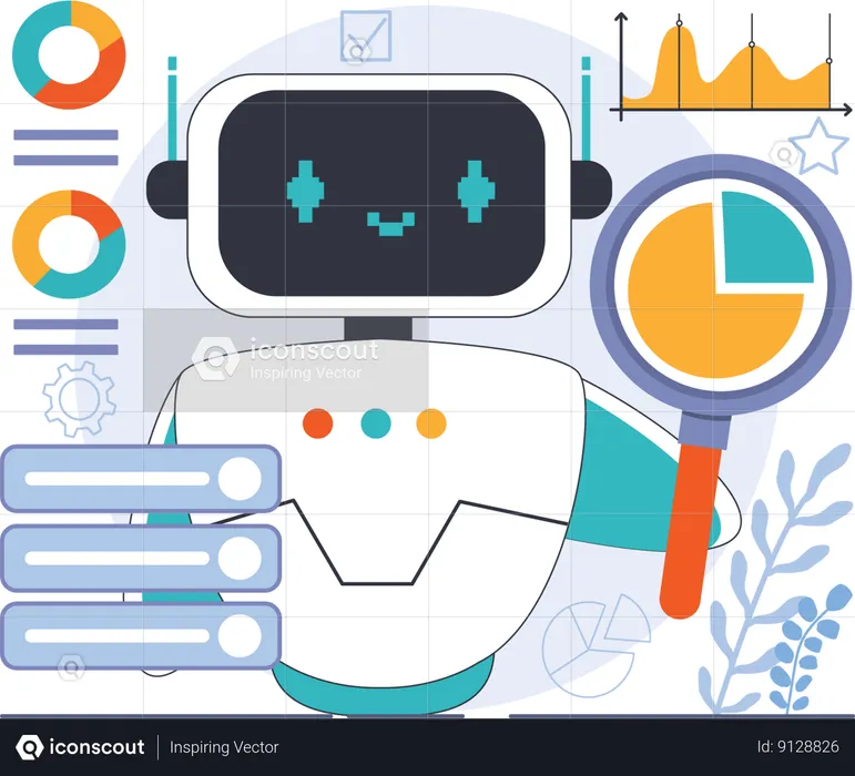 Robot haciendo análisis de negocios.  Ilustración