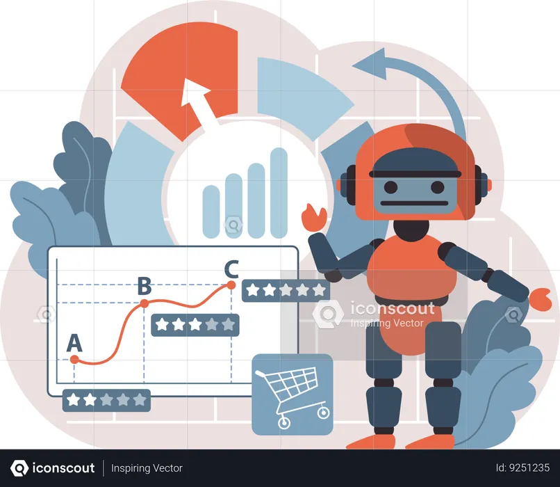 Robot haciendo análisis de revisión de compras.  Ilustración