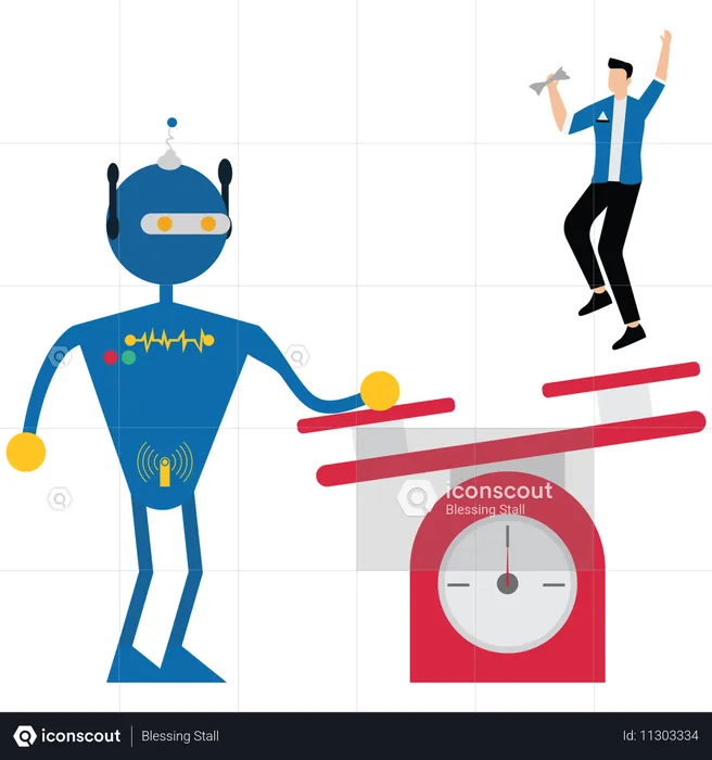 Robot help businessman jump on seesaw  Illustration