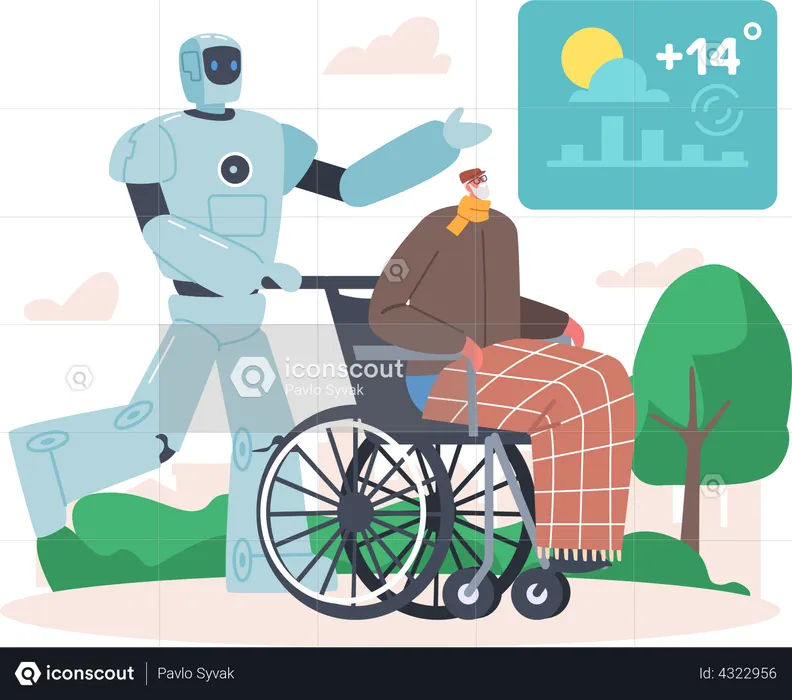 Robot Helping to Disabled Man  Illustration