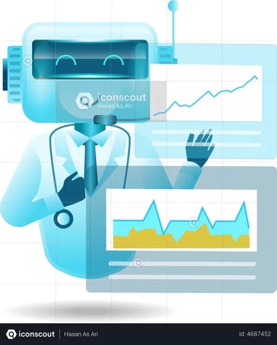 Robot helps doctors analyze patient data on monitor  Illustration