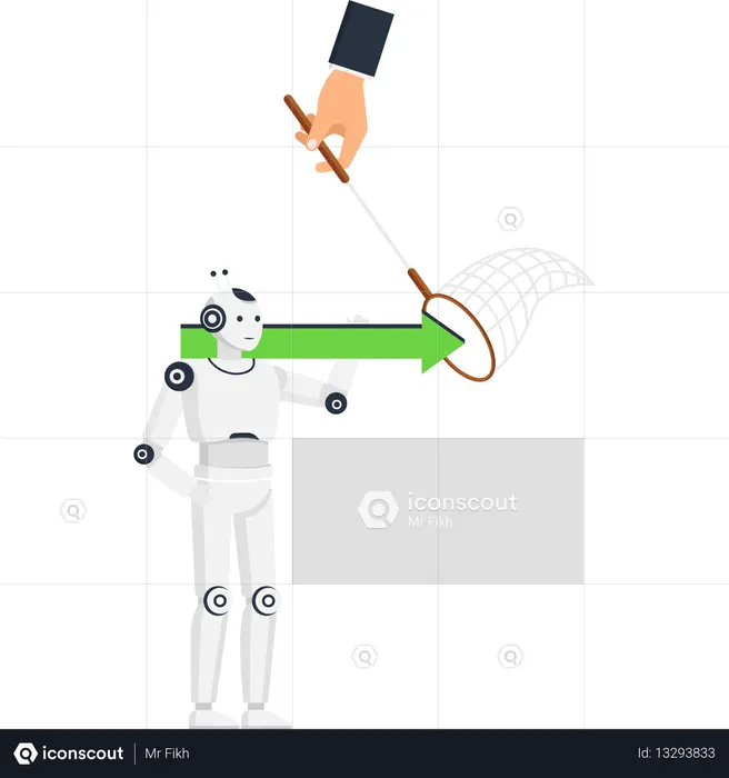 Robot holding green arrow with businessman hand trying to capture it with a net a  for AI regulation and data capture  Illustration