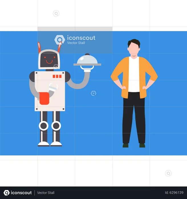 Robot is standing next to a dish of food  Illustration