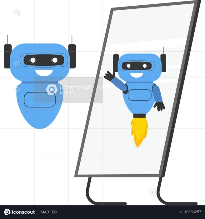 Robot looking at strong ideal self superhero reflection mirror  Illustration