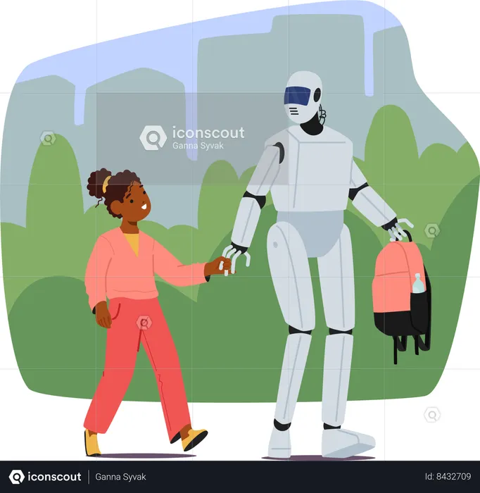 Un robot marche une fille à l'école  Illustration