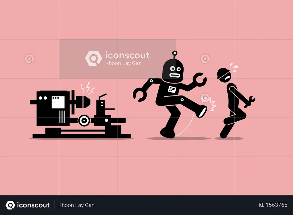 Robot mechanic kicks away a human technician worker from doing his job at factory  Illustration