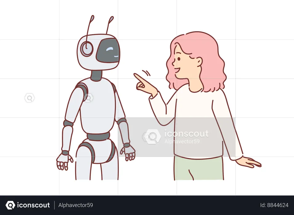 Robot nanny near little girl playing with cyborg and considering bot her best friend  Illustration